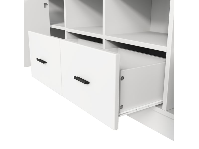  Ensemble meuble tv 180x35x170 cm blanc en panneaux de particules, 2 placards, 2 tiroirs et 11 niches  - Conforama E