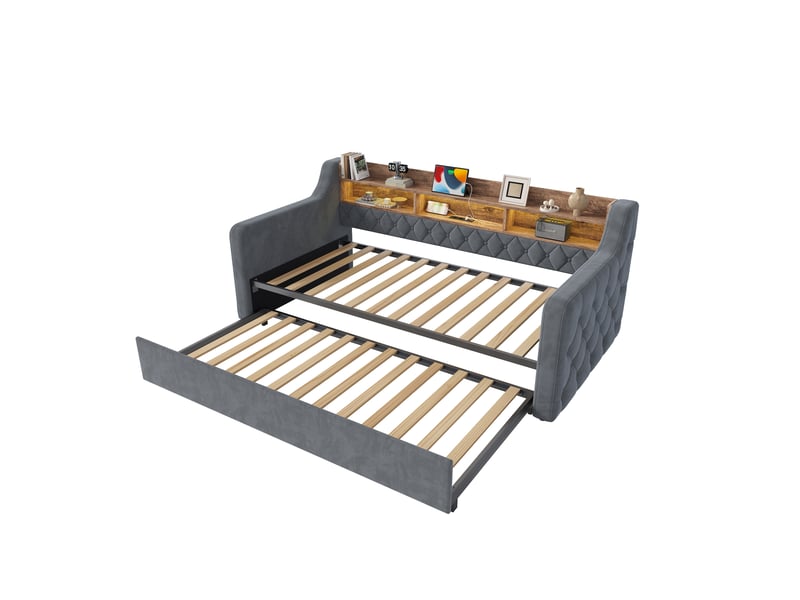  Canapé-lit 90x190 cm, lit enfant, couchage d'appoint, sommier à lattes, couchage gigogne extensible, led, velours gris foncé  - Conforama B
