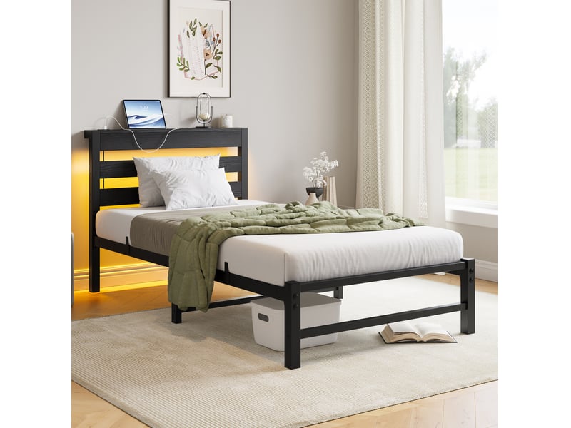  Lit simple 90x200 cm avec led rgb et station de charge usb, cadre en métal et en bois, couleur noir, sans matelas  - Conforama B