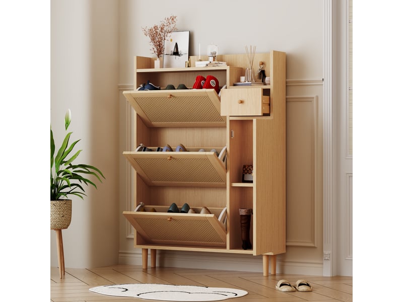  Meuble à chaussures - 90x17x125cm - meuble d'entrée 3 portes abattantes, 1 tiroir, cannage rotin - blanc &amp; bois  - Conforama C