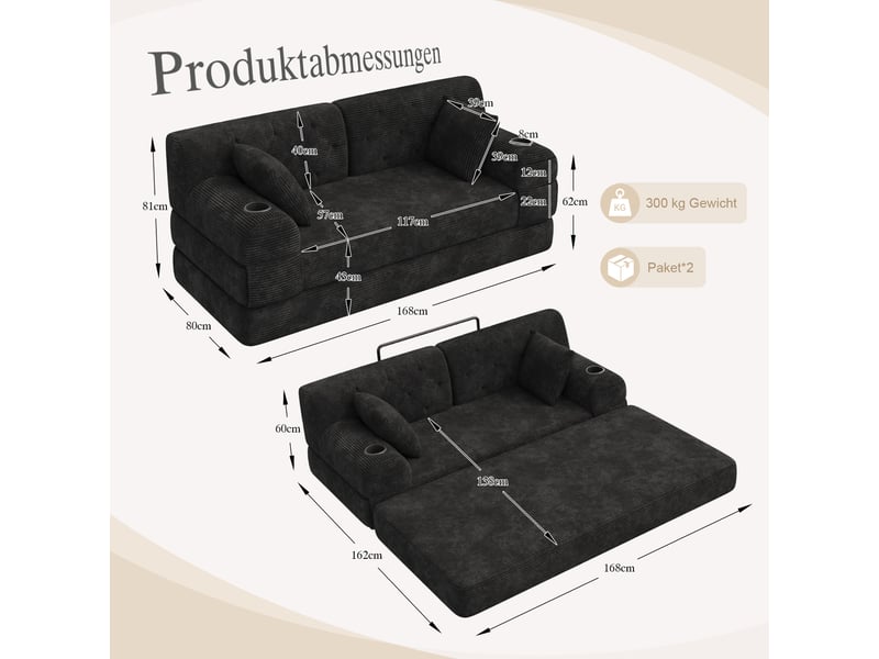  Canapé convertible, canapé-lit, 2 places, en velours, noir, poches latérales, porte-gobelets, format compressé, structure métallique  - Conforama R