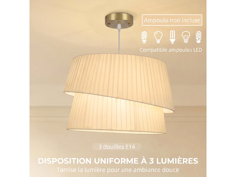  Suspension luminaire élégante à double abat-jour, rosace dorée, câble réglable, ampoule non incluse e14 40 w, blanc  - Conforama E