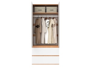 Armoire penderie 90 x 50 x 200 cm blanche décor chêne, mdf, 2 portes, 2 tiroirs et rangement supérieur