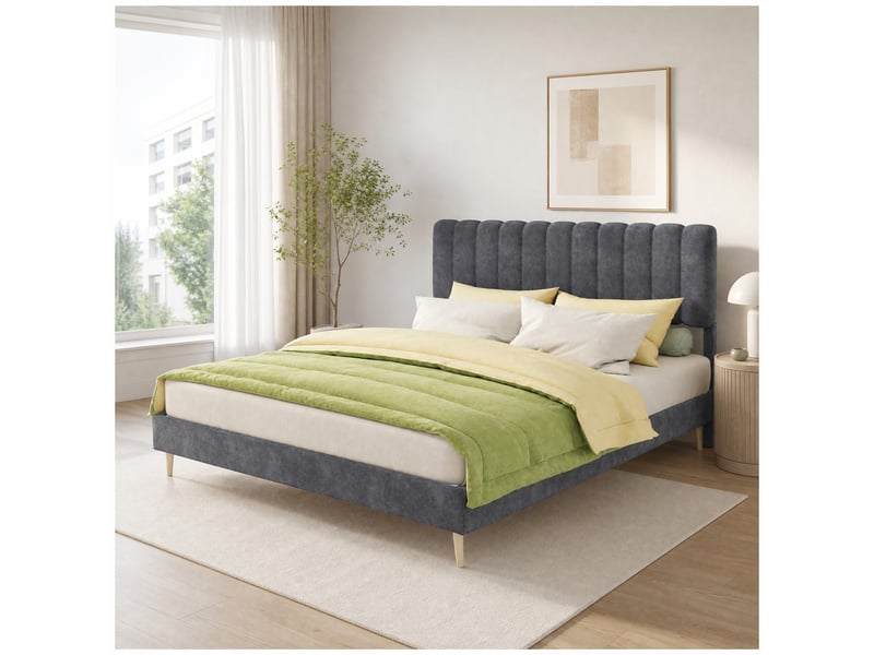  Lit rembourré 160 × 200 cm 2 places avec tête de lit douce, sans matelas, en tissu gris, structure métal  - Conforama B