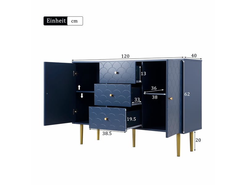  Buffet et enfilade avec 2 portes, 3 tiroirs et étagères réglables, pieds métal, bleu marine, 120 × 40 × 83 cm  - Conforama D