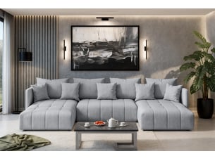 Canapé d'angle panoramique convertible <strong>AX LIVING </strong> <strong>VeliroU</strong> 6 places Velours gris avec coffre de rangement