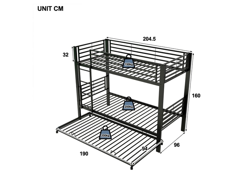  Lit superposé 90x200 certifié en 747 avec lit tiroir, lit enfant en métal avec barrière et échelle, gain de place pour 3 personnes et fratrie, noir  - Conforama C