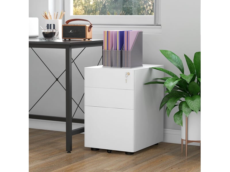  Caisson mobile 39x48x59 cm blanc en acier, 3 tiroirs verrouillables pour dossiers a4 et a5 au bureau  - Conforama B
