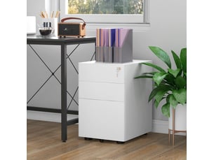 Caisson mobile 39x48x59 cm blanc en acier, 3 tiroirs verrouillables pour dossiers a4 et a5 au bureau