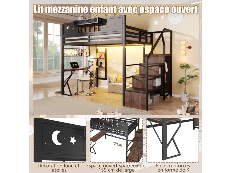 Lit mezzanine, 140 × 200 cm, noir, mdf et métal, rangements, panneau perforé, bureau, garde-corps, échelle, escalier rangement - Conforama E