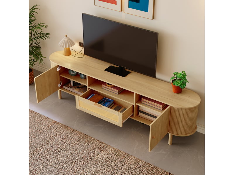  Meuble tv 175x36x51 cm avec passe-câbles, mdf et pieds en métal coloris naturel  - Conforama B