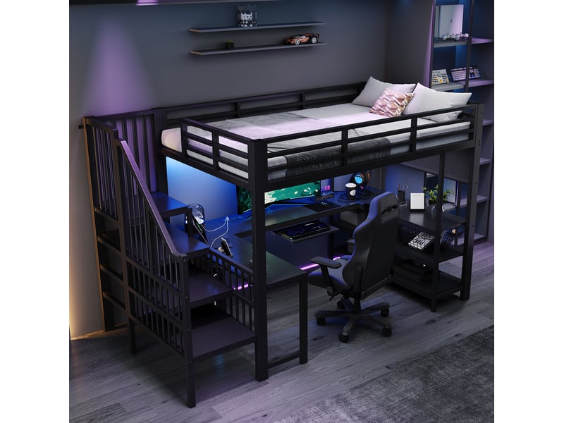 Lit mezzanine modenvie gaming 120 x 200 cm avec bureau en u led et escalier noir - Conforama E