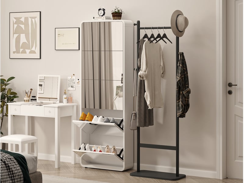  Meuble à chaussures miroir ulevr 5 abattants, rangement 15 paires, 63 x 19,6 x 176,2 cm, mdf blanc  - Conforama D