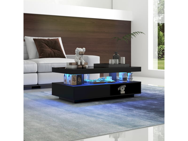  Table basse noire brillante avec 4 inserts en verre, table de salon avec led intelligente, 2 tiroirs et compartiments ouverts, 95x50x42.5 cm  - Conforama E