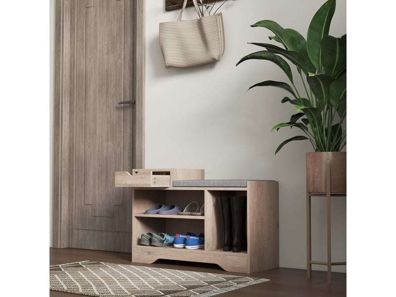  Banc à chaussures 1 tiroir et 3 compartiments, 76,5 x 30 x 52 cm gris, avec coussin rembourrée capacité 5 paires  - Conforama W