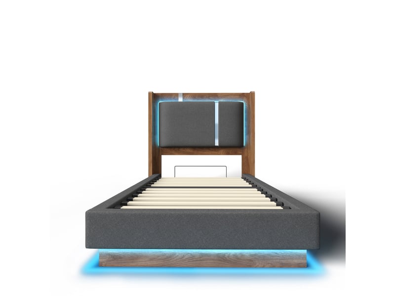 Lit coffre 90x200 cm avec sommier relevable hydraulique, sans matelas, gris et noyer  - Conforama D