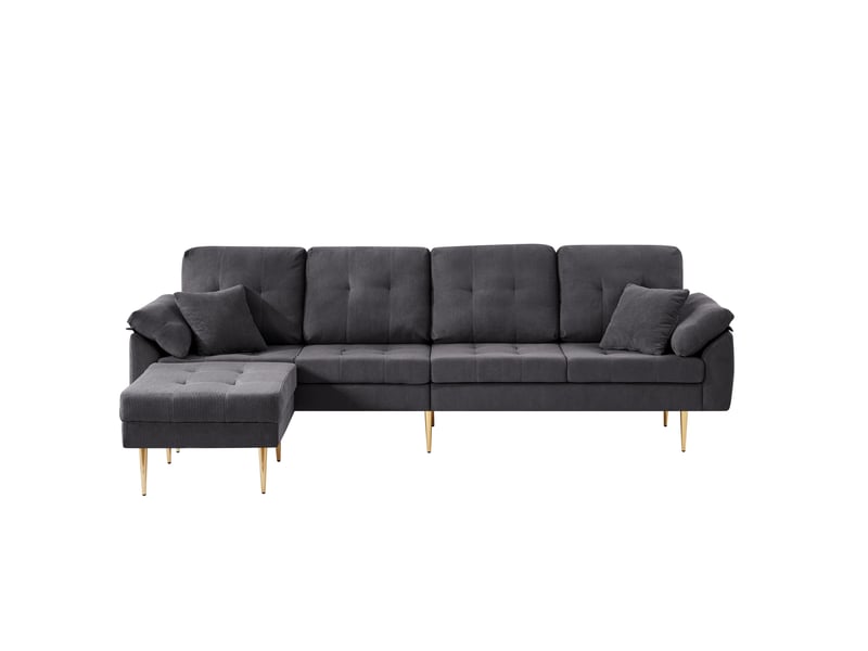  Canapé 4 places en velours côtelé, canapé d'angle modulable avec pouf, gris foncé 250 cm, pieds en fer 20 cm pour salon.  - Conforama A
