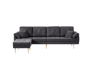 Canapé 4 places en velours côtelé, canapé d'angle modulable avec pouf, gris foncé 250 cm, pieds en fer 20 cm pour salon.