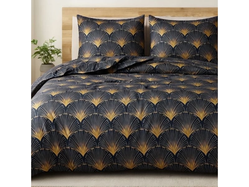  Parure housse de couette 260x240cm + 2 taies motif rétro bleu nuit et jaune 100% microfibre - bariton BARITON - Conforama C