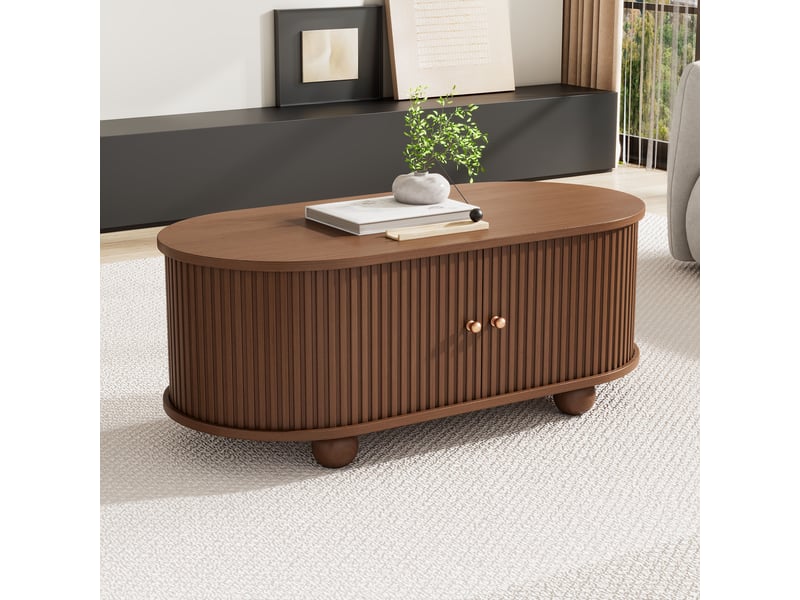  Table basse ovale avec rangement, couleur noyer, portes coulissantes  - Conforama D