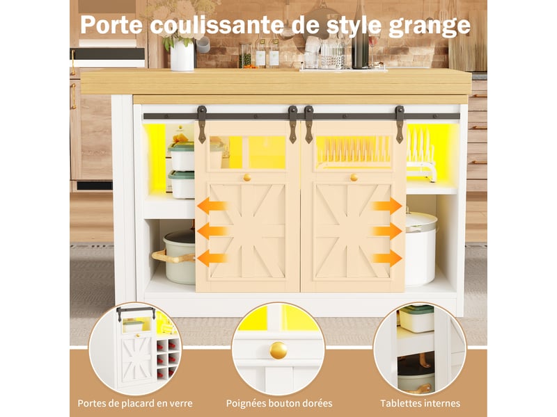  Îlot de cuisine extensible 120–197x40x72 cm avec plateau pivotante 360°, casier à bouteilles, rgb led et portes vitrées, blanc  - Conforama D
