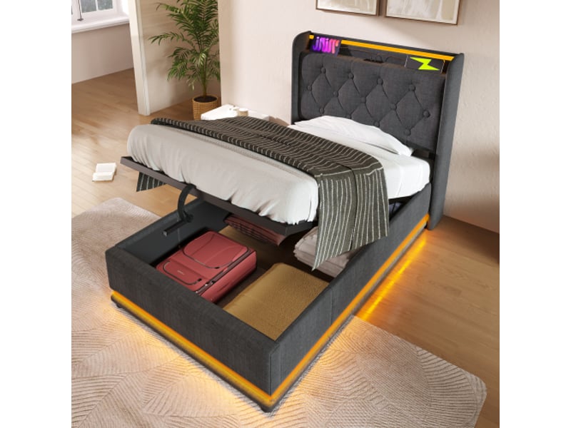  Lit coffre 90x200 cm, lit simple avec éclairage led, chargement usb et rangement hydaraulique, en lin, gris, sans matelas  - Conforama C