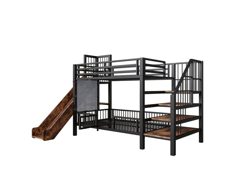 Lit mezzanine enfant 90x200 cm – noir – toboggan, escalier de rangement et étagères – sans matelas - Conforama A