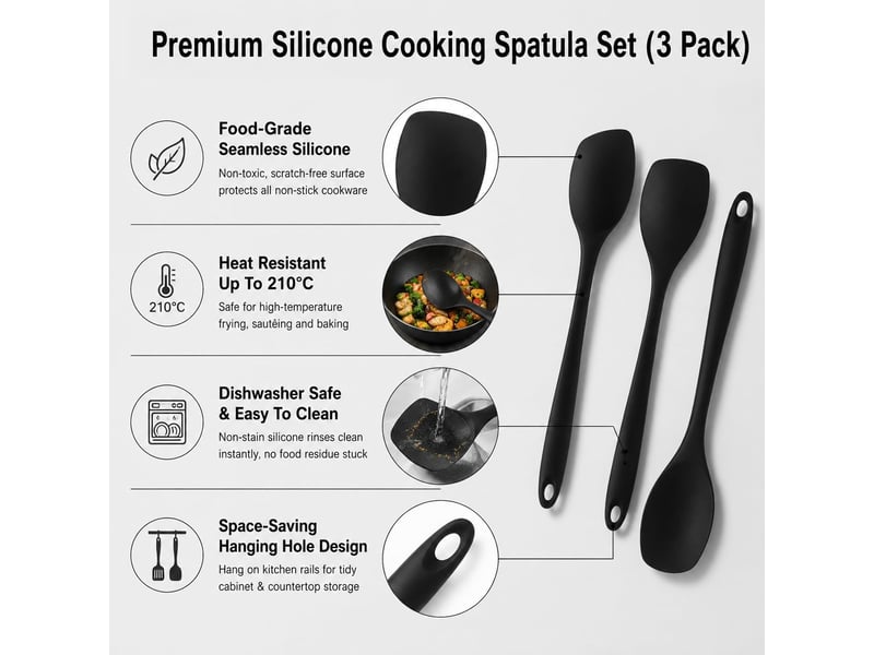 3 pcs cuillères en silicone 27 cm noir, résistantes à 210°c, antiadhésives sans rayures, ustensiles cuisine pour mélanger cuire servir CSTY-0010112TY - Conforama C