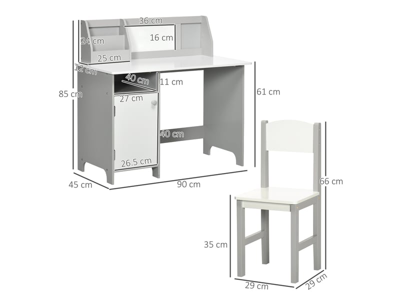  Ensemble table et chaise enfant blanc et gris 90 x 45 x 85 cm avec rangements  - Conforama E