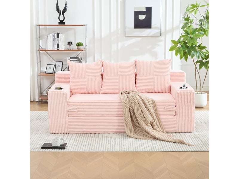  Canapé trois places avec porte-gobelets et poches latérales, design sans cadre, larges assises - rose  - Conforama D