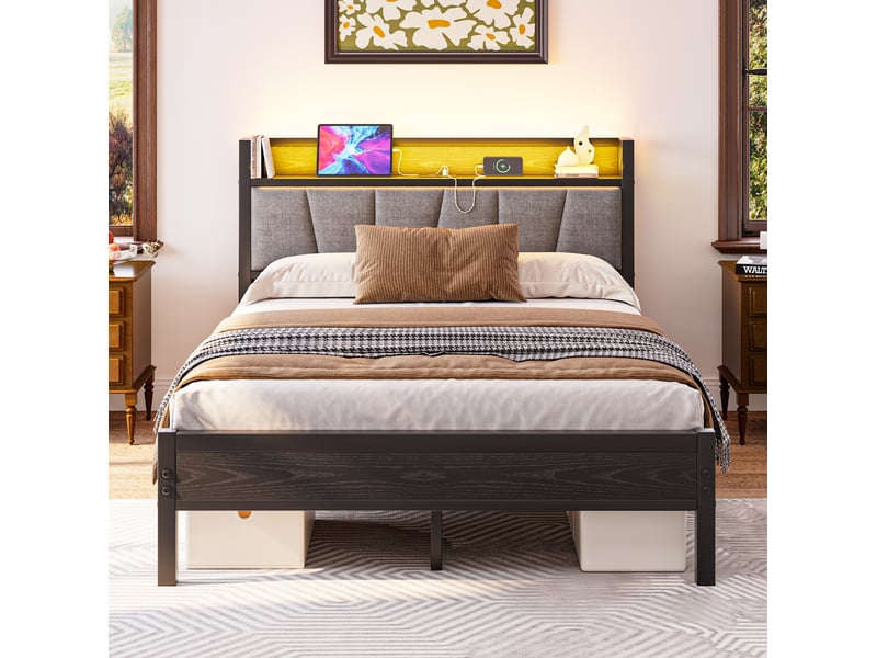  Lit jeune 140x190 cm tête de lit haute, 13 lattes, prise, usb, avec éclairage led, rangement sous le lit, mdf métal, noir sans matelas  - Conforama D