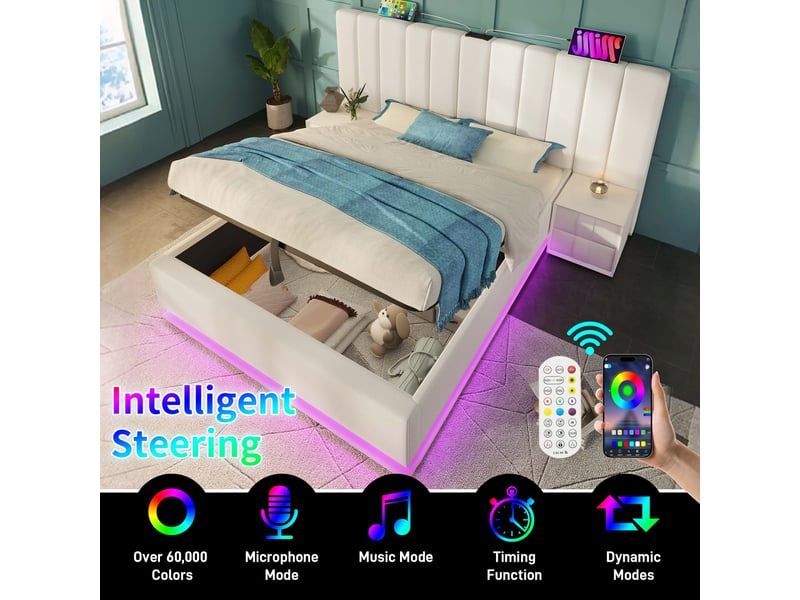  Lit double 180x200 cm pu blanc – led via appli, ports usb-c et coffre  - Conforama D