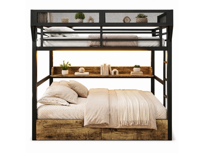  Lit superposé 140 x 200 cm en métal avec led, rangements et 2 tiroirs, noir  - Conforama A