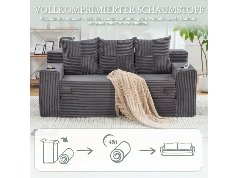 Canapé 3 places en velours côtelé, sans montage, design modulaire, porte-gobelets, rangements latéraux, 172×87×64 cm - Conforama W