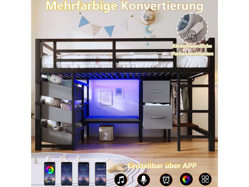  Lit mezzanine 90x200 métal noir avec led - lit simple - coussin, zone de suspension, tiroirs de rangement  - Conforama D