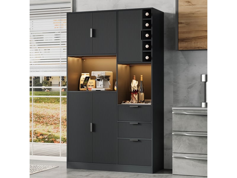 Armoire haute moderne de rangement et à vin avec étagères réglables 3 tiroirs casier à vin led changeant de couleur prises 180x105x40 cm - Conforama B