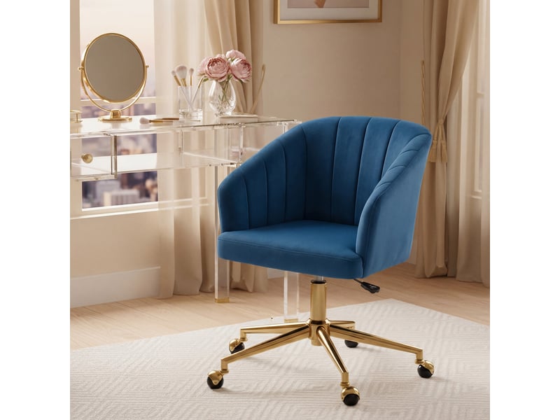 Chaise de bureau en velours bleu à roulettes réglable, dossier rembourré et base dorée - Conforama C