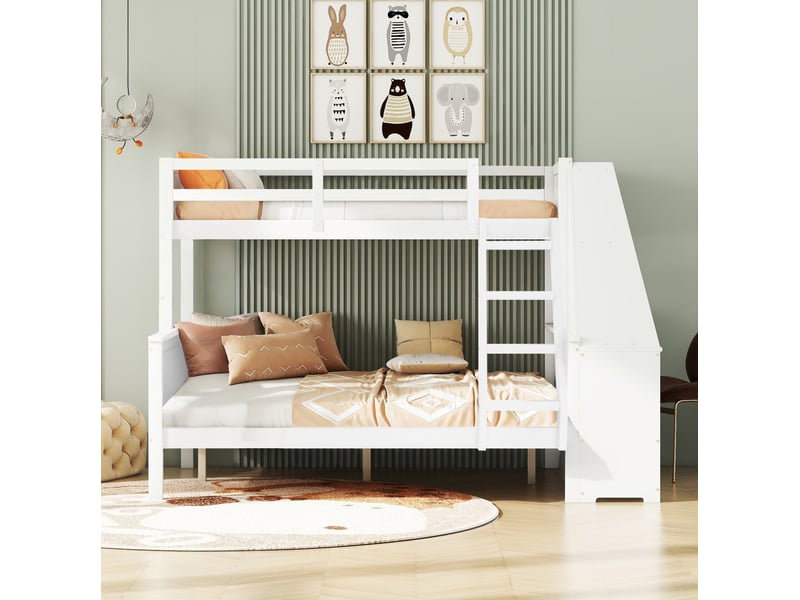  Lit superposé, 140x200 cm, couchage superposé, avec bureau, rangements, matelas non inclus, bois et mdf, coloris blanc  - Conforama E