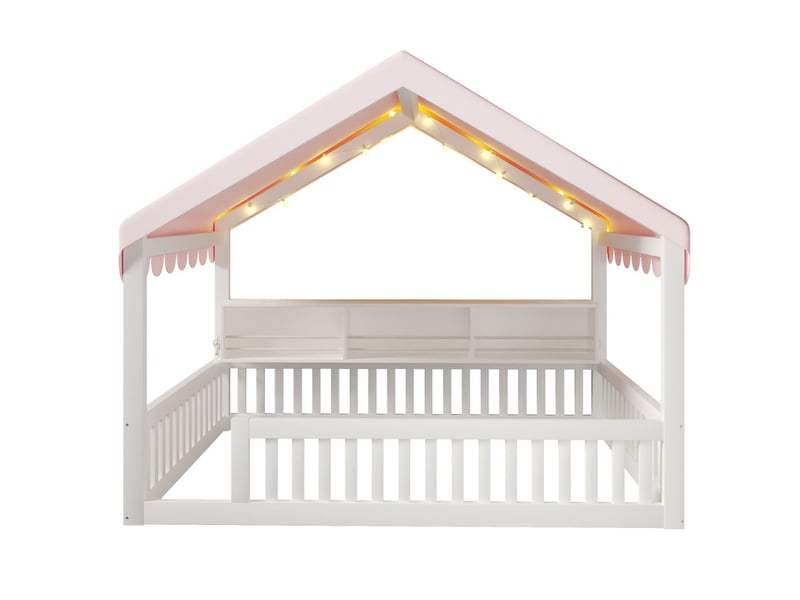  Lit cabane 140x200 cm en bois blanc avec ciel de lit, guirlande led, bibliothèque et barrières de sécurité  - Conforama A