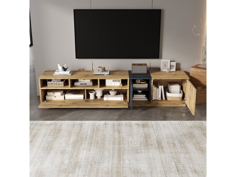  Meuble tv moderne 200 cm – design bicolore – niches ouvertes et passe-câbles  - Conforama D
