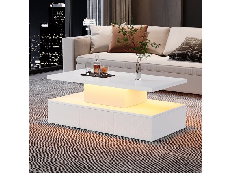 Table basse blanche led 100x50 cm, table de salon brillante avec tiroir et étagère ouverte, contrôle app - Conforama E