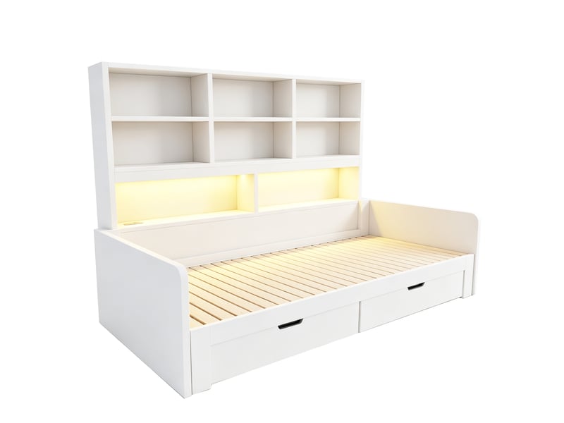  Lit banquette 90x200 cm extensible 180 cm avec rangement led et prises, mdf blanc, sans matelas  - Conforama D