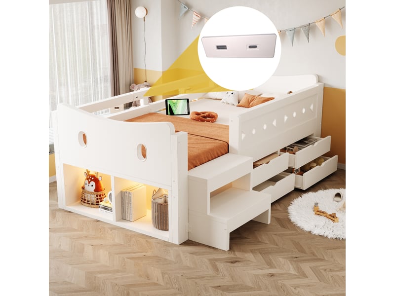  Lit enfant 90 x 200 cm blanc avec rangements, tiroirs, barrières de sécurité, éclairage led et ports usbtype-c  - Conforama D