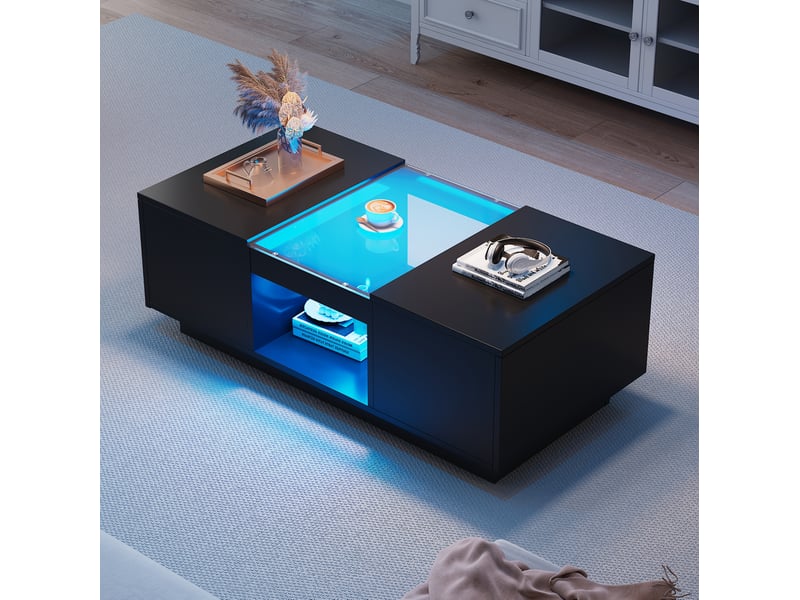 Table basse 100x50x35,5 cm avec led, verre et 2 tiroirs panneau de particules noir - Conforama E