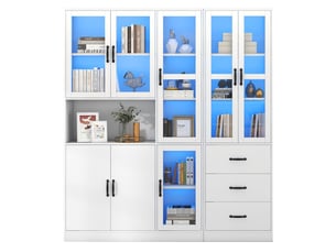 Vitrine blanche avec éclairage led 200 cm - 8 portes 3 tiroirs - meuble vitrine moderne