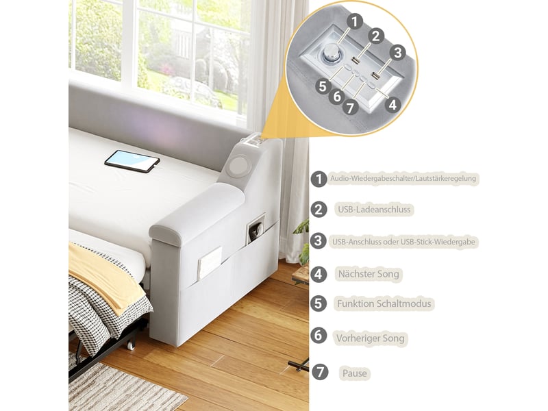  Lit canapé capitonné 90180*190 cm, enceinte bluetooth, usb, compartiments, velours gris clair  - Conforama E