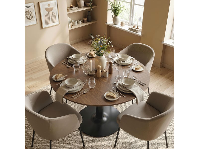  Table à manger ronde pour 4-6 personnes, table de cuisine avec large plateau et base en acier, ø 110 x 78 cm, marron  - Conforama D