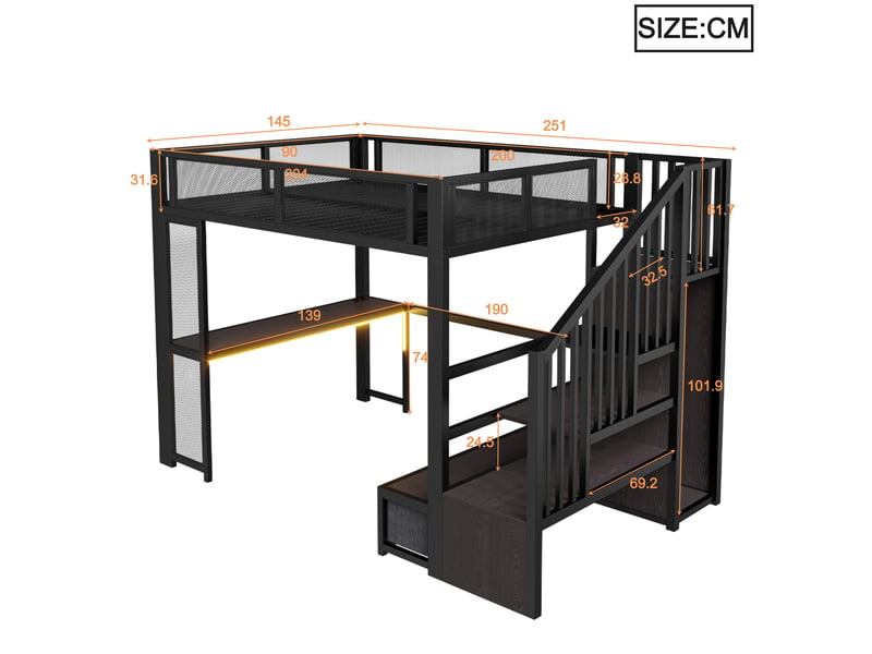  Lit mezzanine 140 x 200 cm en métal pour enfant avec échelle, rangement, port usb, éclairage led, bureau, armoire ouverte et 3 tiroirs, noir  - Conforama C