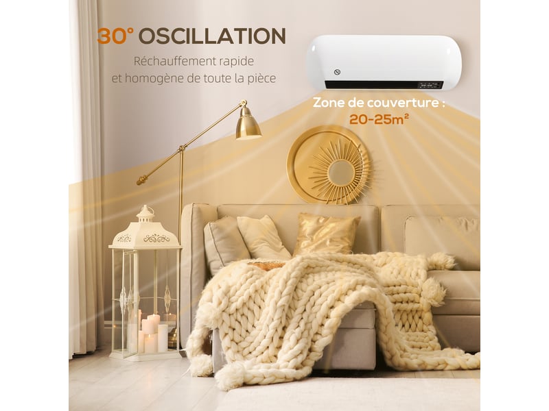  Chauffage mural en céramique 10002000w, radiateur électrique, ventilateur, thermostat, 50x19x14cm, minuterie, blanc  - Conforama R