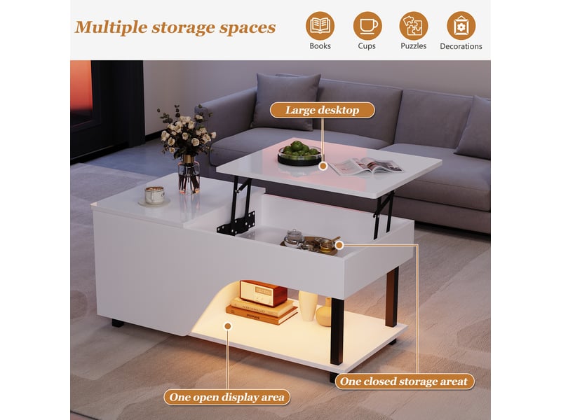  Table basse relevable avec rangement caché et led pour salon 100×50×46-60 cm en panneaux de particules blanc  - Conforama C